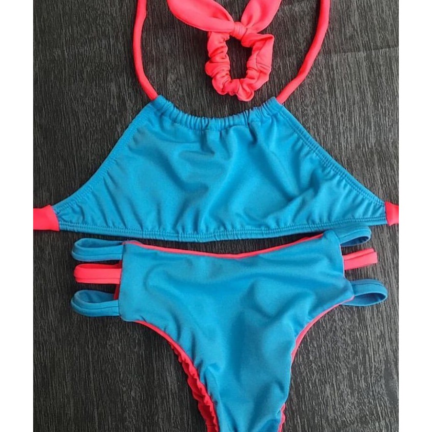 Biquini infantil e adulto - azul com rosa - top e calcinha - mãe e filha - calcinha dupla face