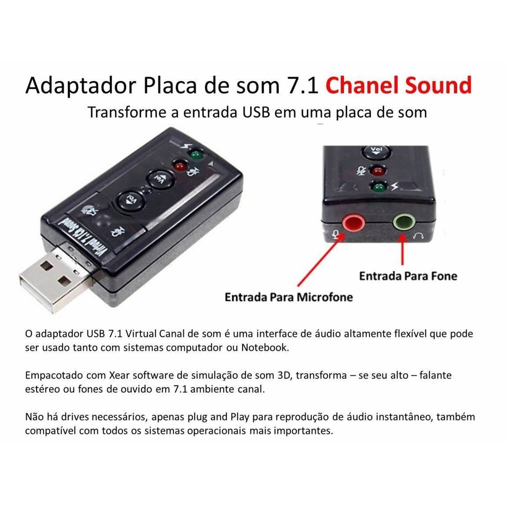 PLACA SOM USB 7.1 CANAIS NOTEBOOK COMPUTADOR ADAPTADOR ÁUDIO