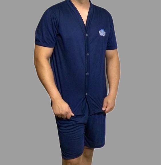 Pijama masculino curto adulto verão malha com botões verão conjunto short gola V