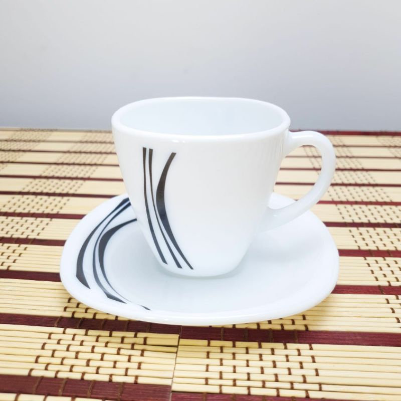Conjunto xícara e pires quadrada c/ 06 opal 190ml estampada louça vidro temperado opaline