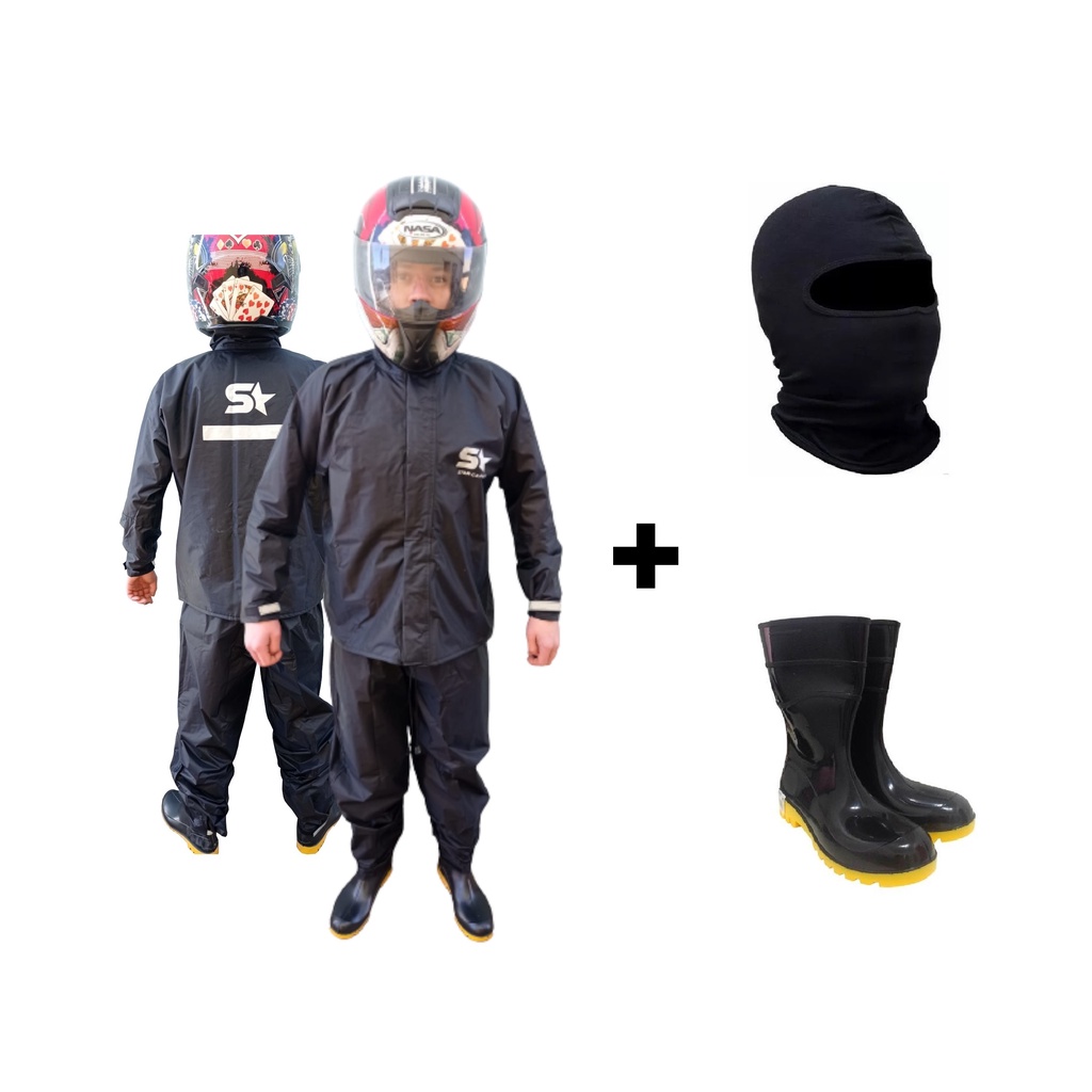 Kit Capa De Chuva Nylon - Conjunto Calça Jaqueta 100% Impermeavel - Moto/ + Touca Ninja Balaclava + Bota Borracha