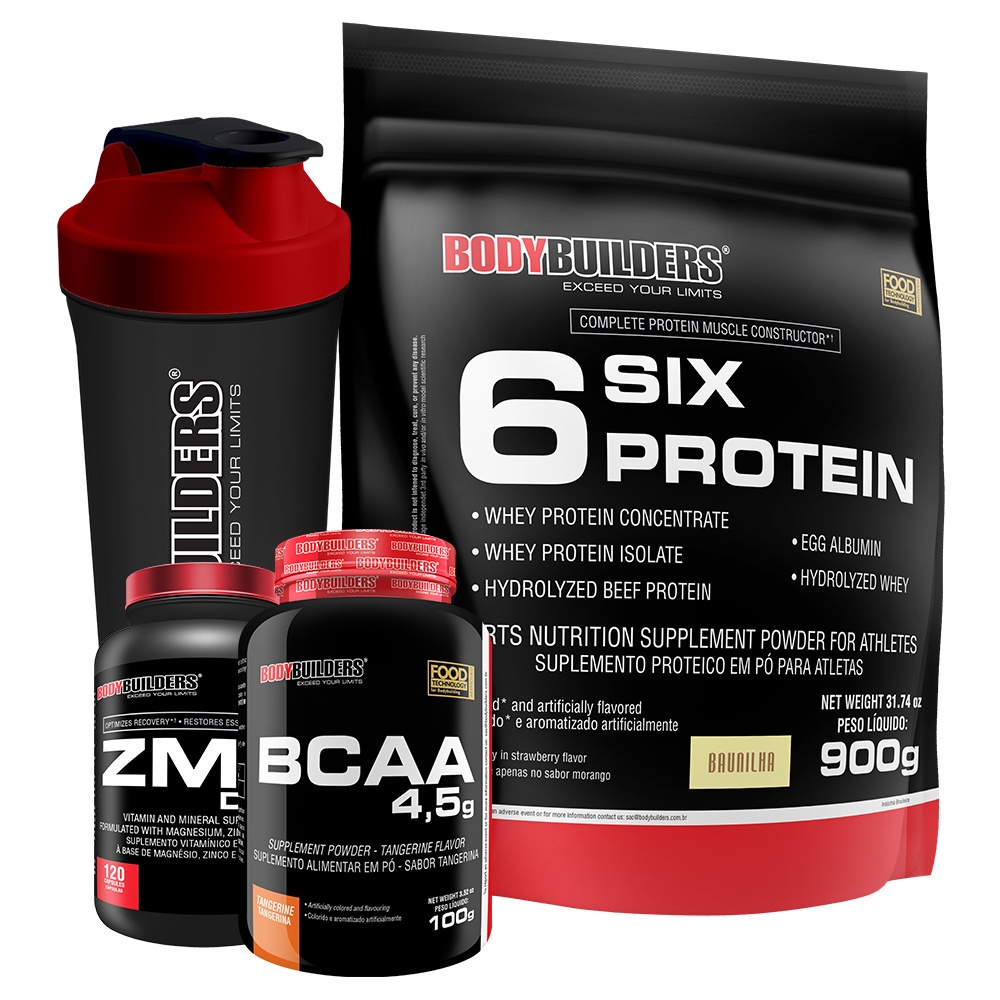 Kit Six Protein 900g, BCAA 4,5 100g, ZMA Drol 120 Cápsulas, Coqueteleira – Bodybuilders