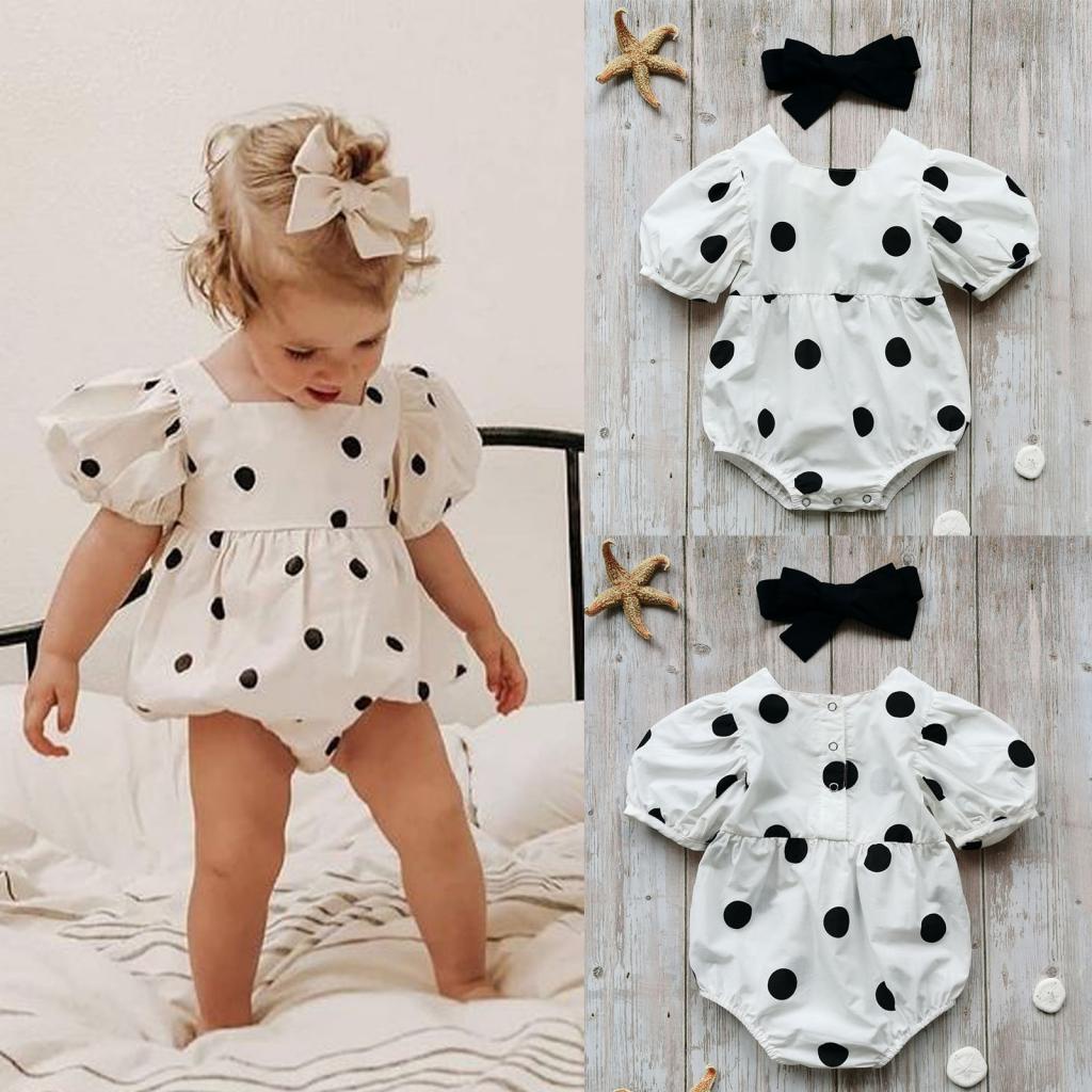 Macacão Infantil De Manga Curta + Faixa De Cabeça Com Laço E Estampa De Bolinhas em Oferta na Shopee