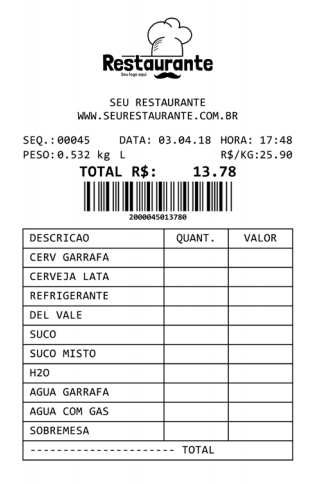 Combo Restaurante D3 UPX Balanca com Impressor de Comandas Personalizado  com logo e itens do seu restaurante, comanda com código de barras, total a  pagar, itens adicionais, numero sequencial, logo do seu