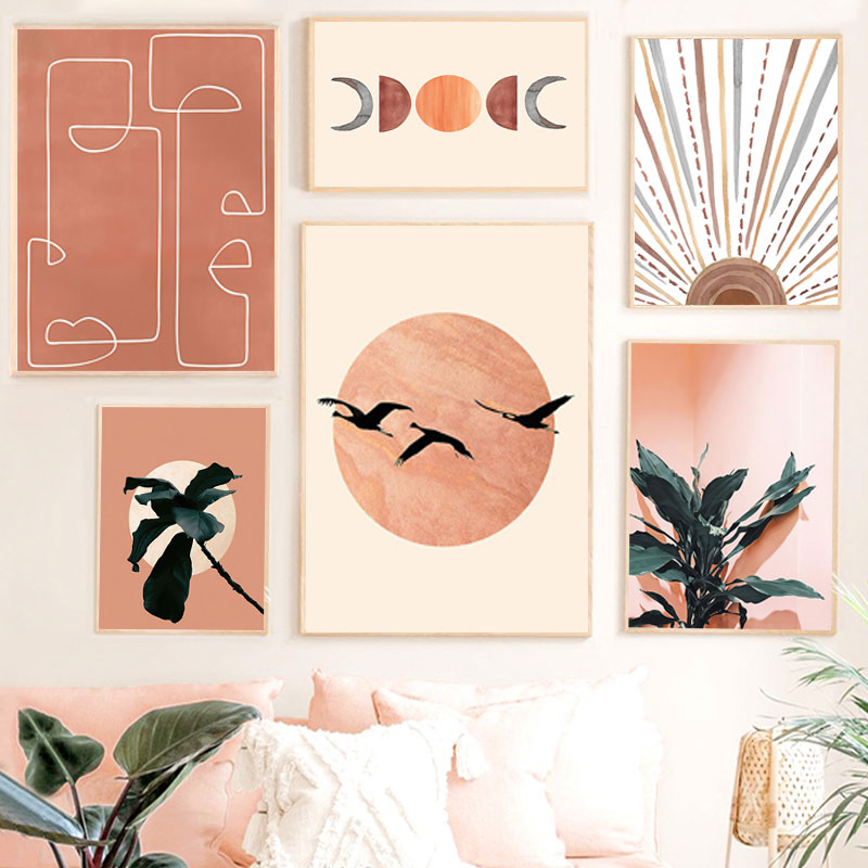 Abstract sun moon plant canvas poster living room room decoration