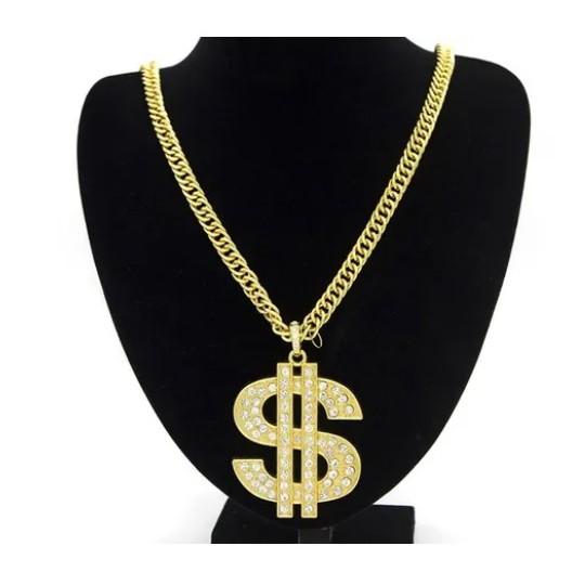 Funk Ostentação Corrente 2 Banhos Ouro 18k Cordão Pingente Cifrão Dólar $ Com Pedras Strass Hip Hop