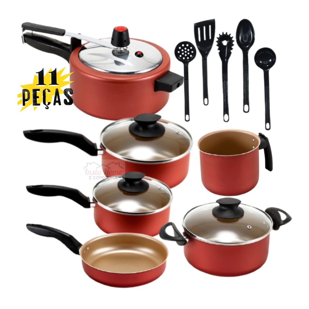 Conjunto Jogo de Panelas 11 Peças Antiaderente Teflon Cereja com Panela de Pressão 3,0 Litros Tampa de Vidro Kit Cozinha
