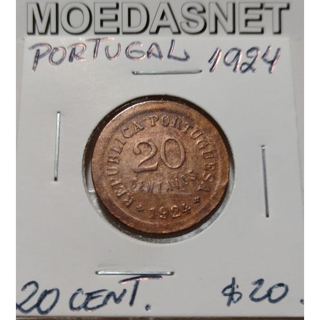 MOEDA PORTUGAL 1924 - 20 CENTAVOS - BRONZE - MBC - Y5076