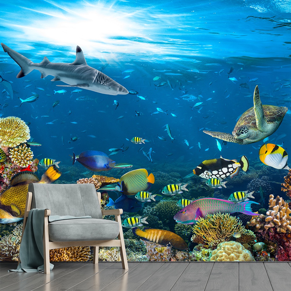 Papel de Parede Fundo do Mar Tartaruga Peixes Sala Painel - 129pc