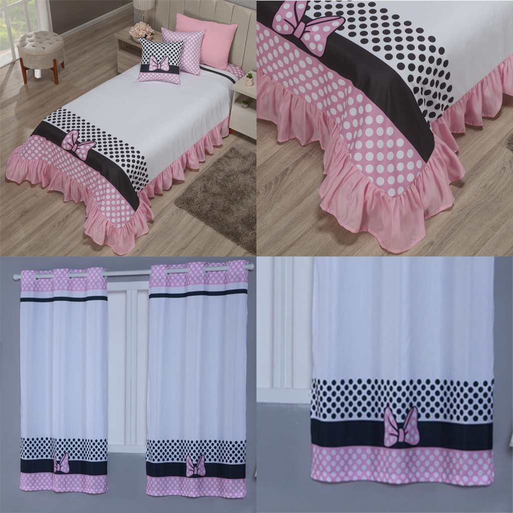 Kit Colcha Cobre Leito Solteiro + Cortina 2 Metros Infantil 6 Peças Para Quarto de Meninas
