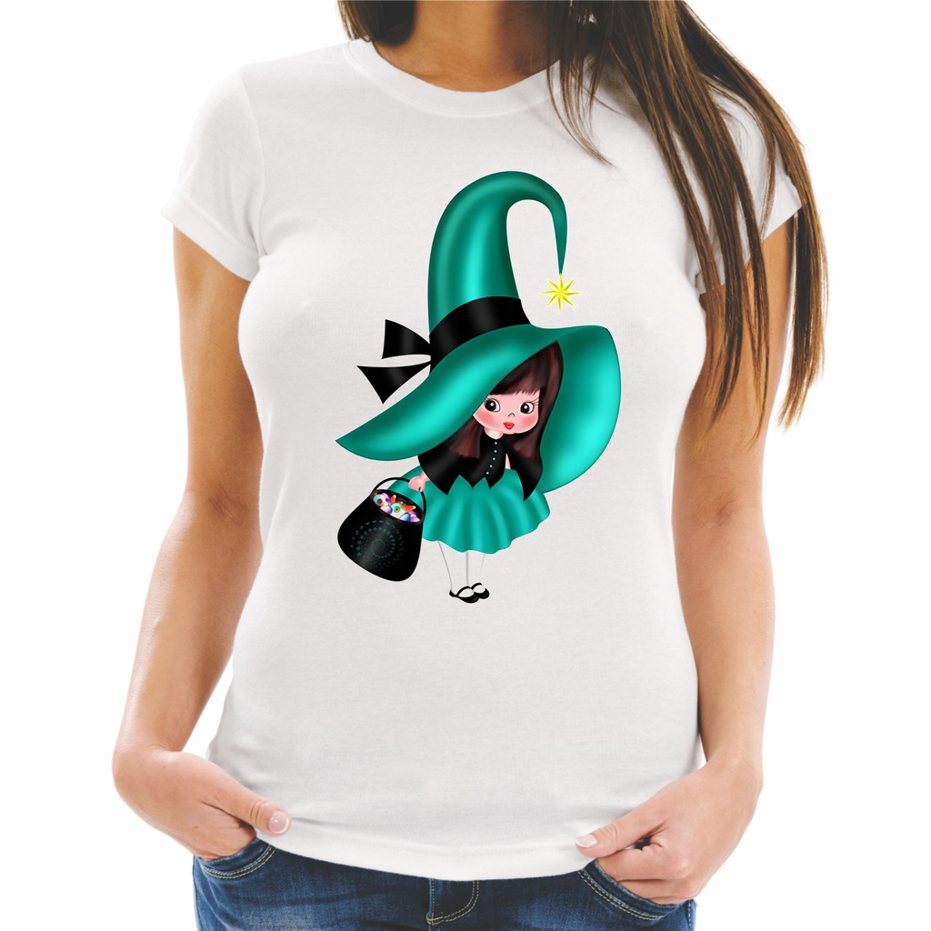 Camiseta Baby Look Feminina ou Unissex ou Infantil Estampa Halloween Bruxa Bruxinha Fofa 34