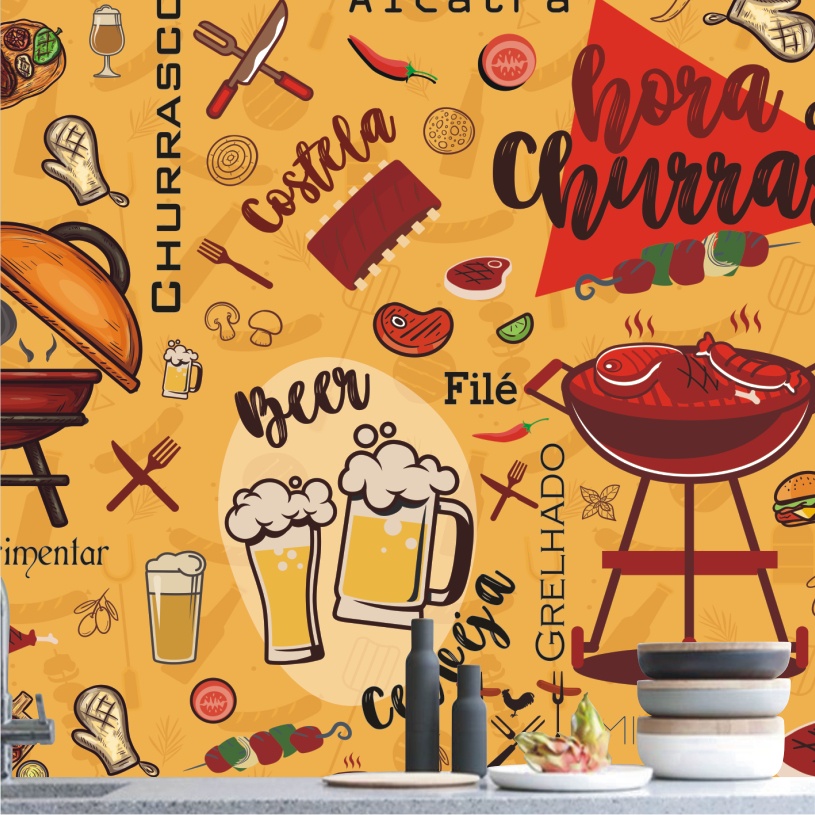 Adesivo Painel Cozinha Churrasco Churrasqueira Papel De Parede Carnes Cerveja M143