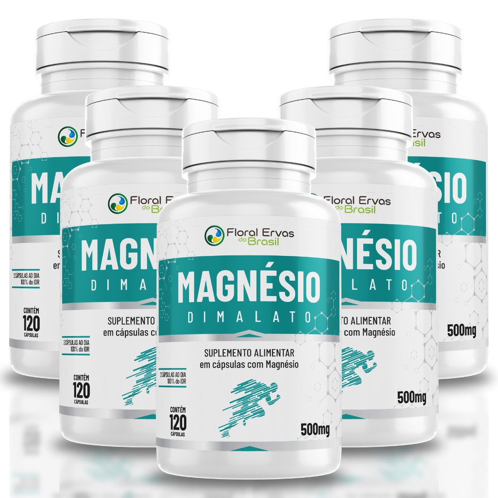 5x magnésio Dimalato Original com Laudo Alta Pureza 120 cápsulas cada pote 500mg - Floral Ervas do Brasil - A PRONTA ENTREGA