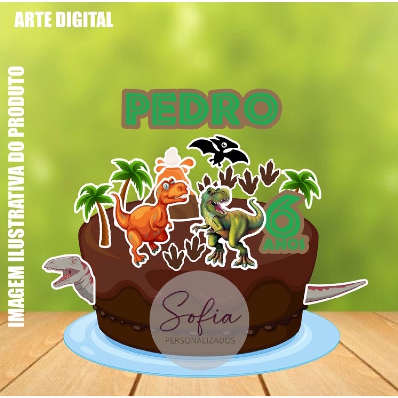 Topo de Bolo - Topper de Bolo Personalizado Aniversário Mesversario Dinossauro