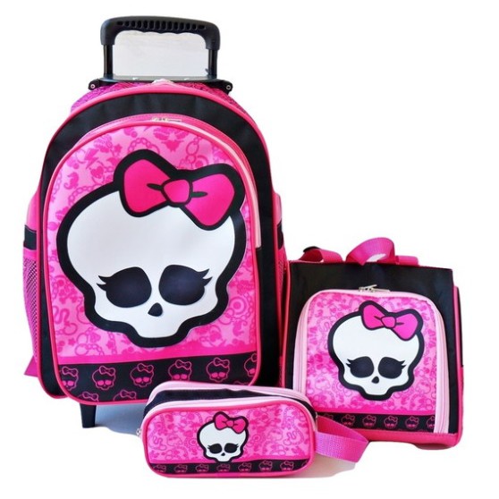 Mochila Monster Caveirinha Rodinhas Lancheira Estojo Kit Caveira