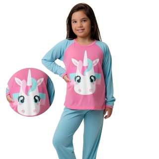Pijama Feminino Infantil Para O Inverno Frio Modelo Fechado E Com Estampa Manga Longa e Calca