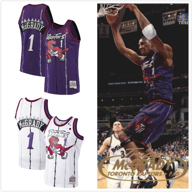 Maillot Swingman dédicacé par Tracy McGrady des Toronto Raptors par Mitchell & Ness Purple Galaxy 1998-99