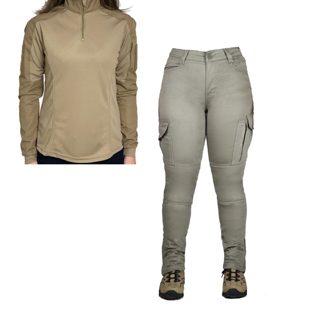 Farda (Calça Fem-Tac + Combat Shirt Feminina) Militar Tática Bélica Areia Coyote