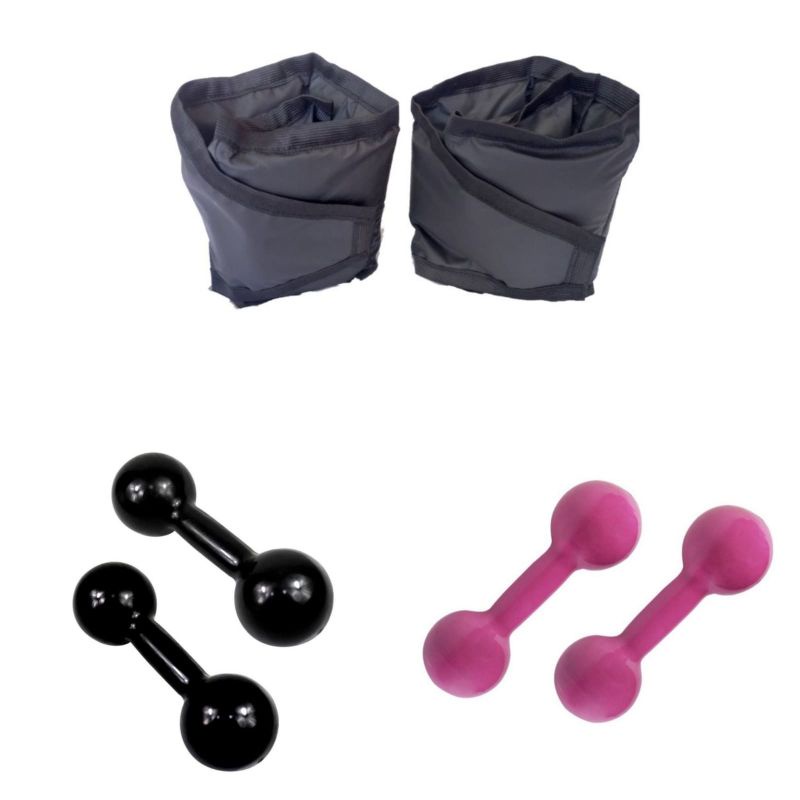 Kit Combo Halter Emborrachado de 1kg + Halter de 2kg + Caneleira de 2kg