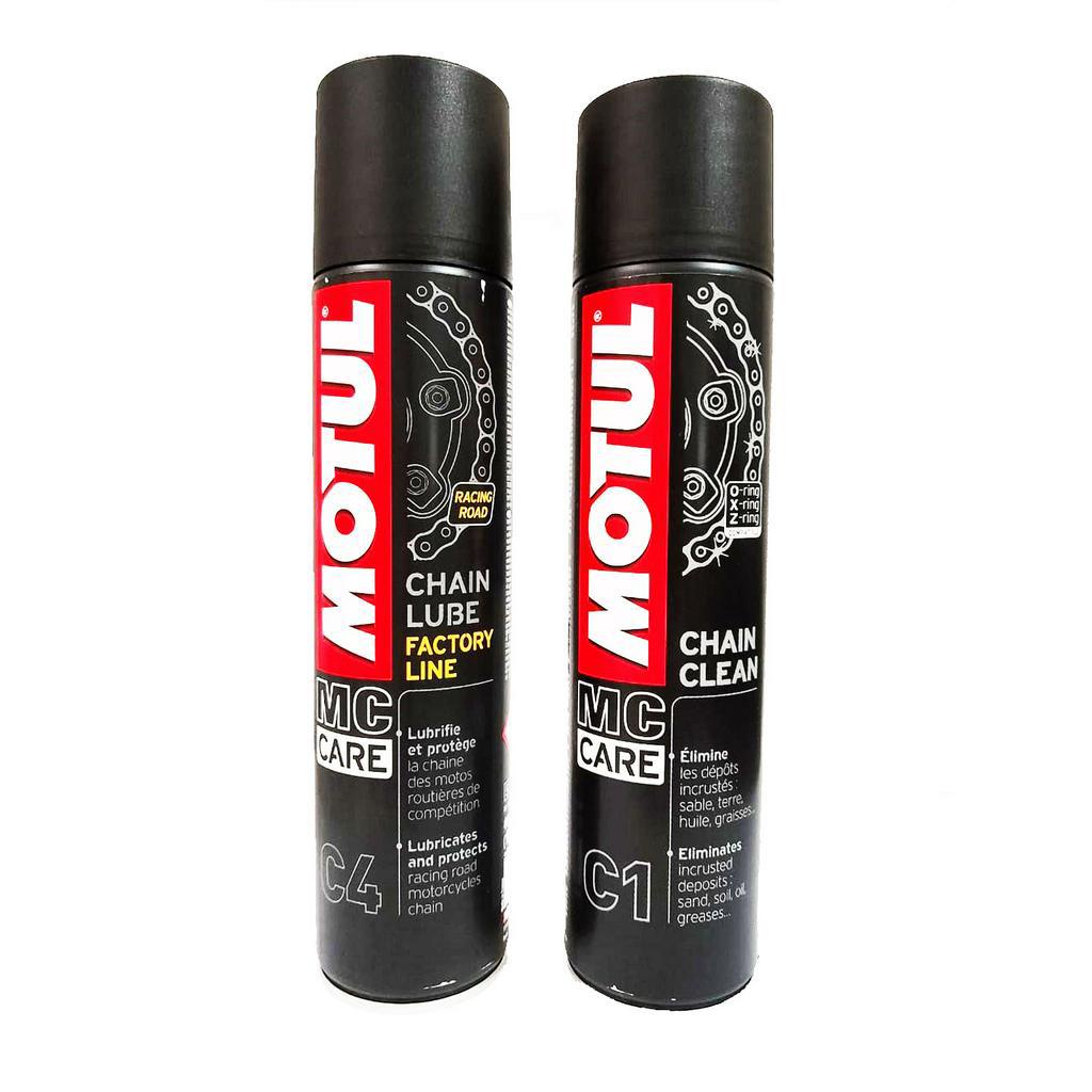 Kit Entretien Chaîne Moto Motul - Nettoyant C1 400ml + Lubrifiant C4 400ml + Brosse - Pour Circuit & Route