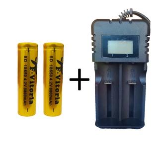 Kit 2 Baterias c/Pino 18650 3.7v/4.2v + Carregador Duplo Turbo C/Visor para Lanterna Microfone Lampada led