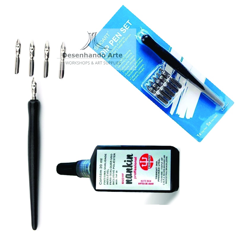 Kit Caneta Caligrafia Cabo Sinoart + Tinta nanquim Trident