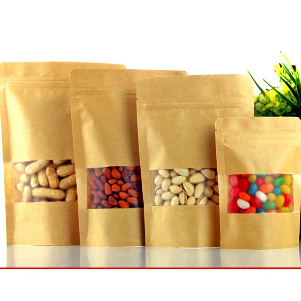 Saco Papel Stand Up Pouch zip 14x22 (480ml 200g) Kraft com Visor 50 unidades