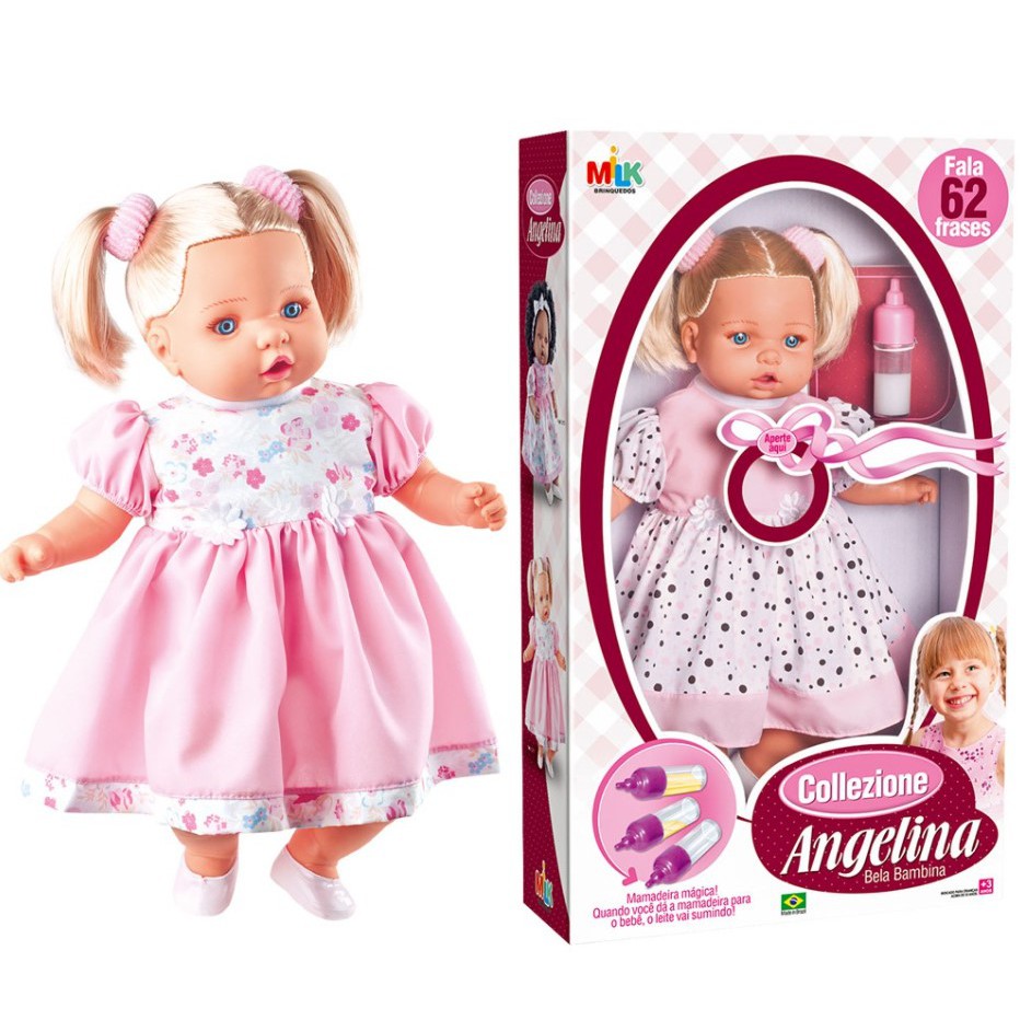 Boneca Tipo Reborn Angelina Loira com Cabelo + Mamadeira Fala 62 Frases 48cm - Milk Brinquedos