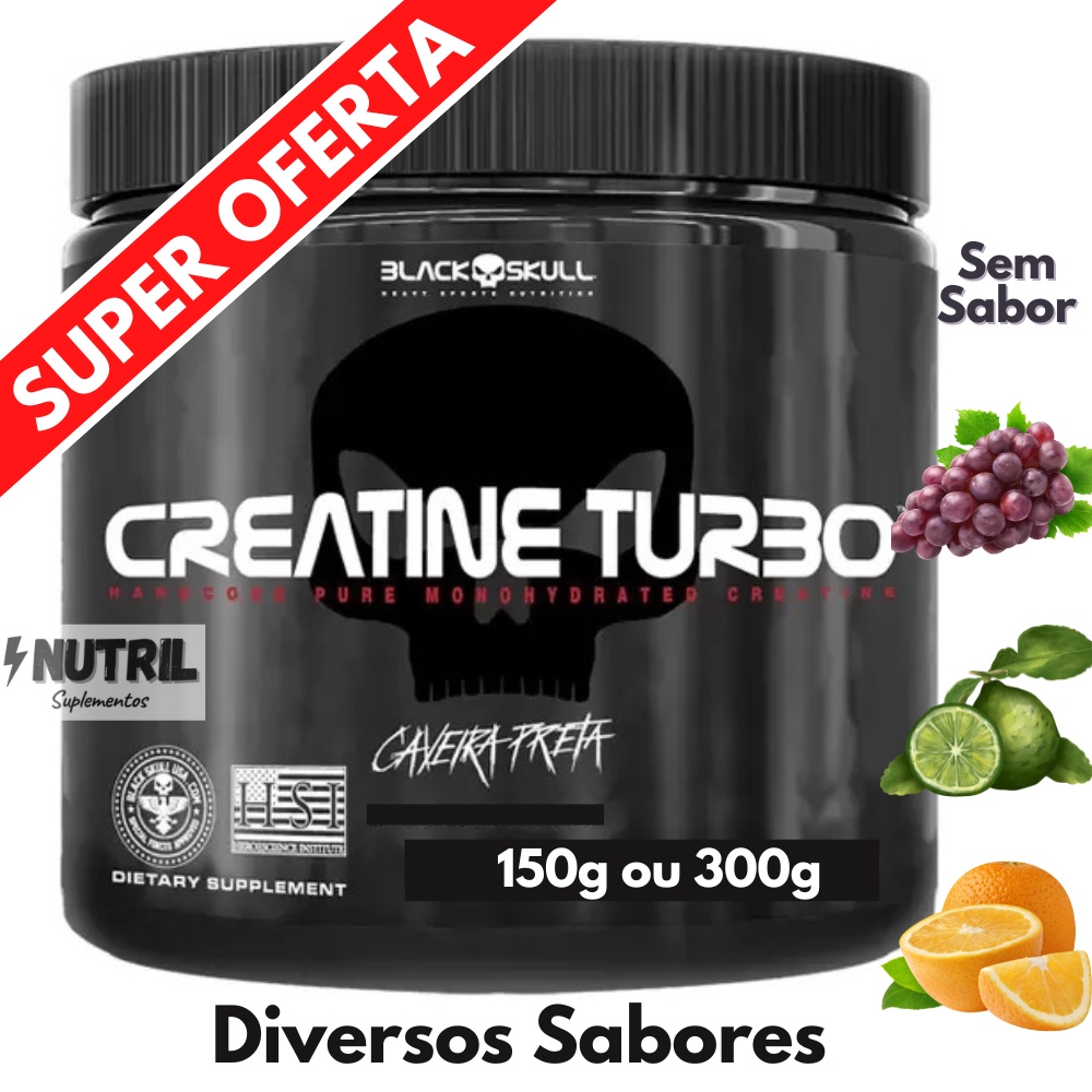 Creatina Turbo Black Skull / 150g ou 300g / Creatine Monohidratada Caveira Preta / Diversos Sabores