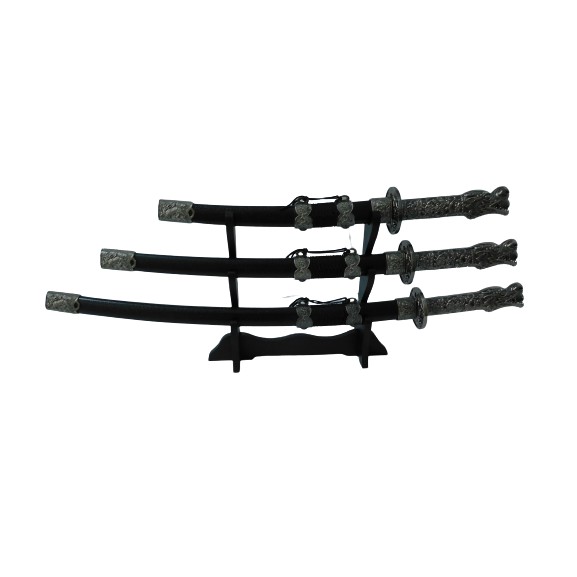 Kit Com 3 Espadas Dragão Samurai Katana Preta Ornamentais