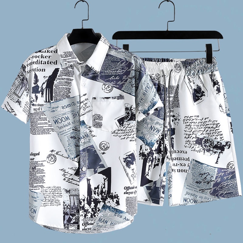 Jornal impresso camisa masculina verão fino camisa de manga curta calças de praia japonês solto tamanho grande masculino