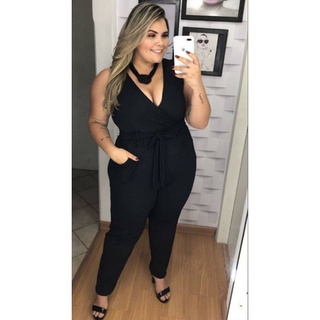 Macacão Longo Com Faixa de Amarrar, Plus Size, Veste do 46 ao 52, no Crepe de Malha