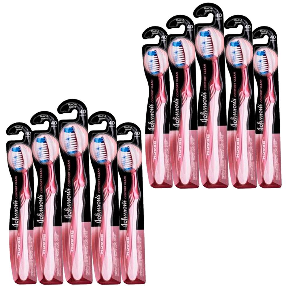Kit 10 Escova Dental Macia Johnson's Reach Comfort Clean 40 Grande