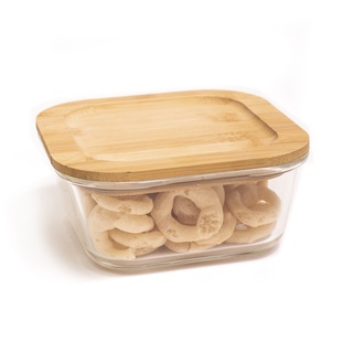 Pote 800ml De Vidro Com Tampa De Bambu Quadrado Raso - Oikos