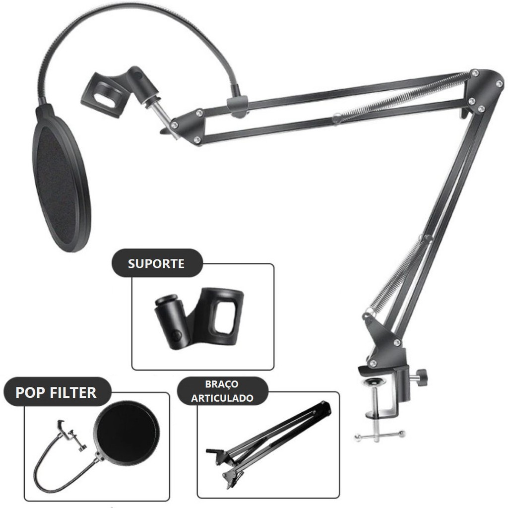 Kit Pedestal Braço Articulado Metal De Mesa Suporte Para Microfone + Pop Filter