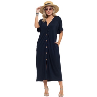 Vestido Chemise Midi Longo Elegante com fenda e bolsos  P2114