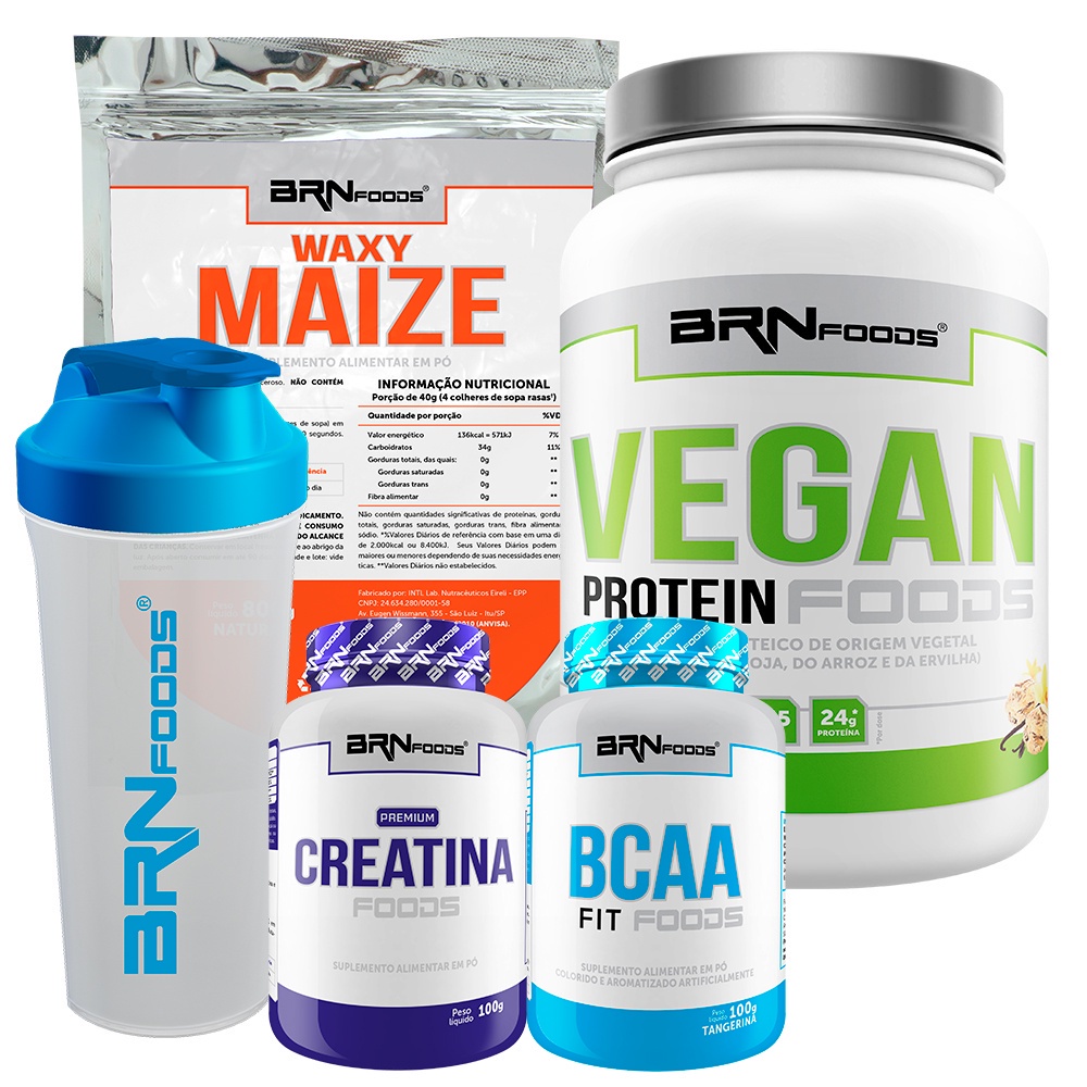 Kit Proteína Vegana Vegan Protein 500g + Waxy Maize 800g + BCAA 100g + PREMIUM Creatina 100g + Coqueteleira - BRN FOODS