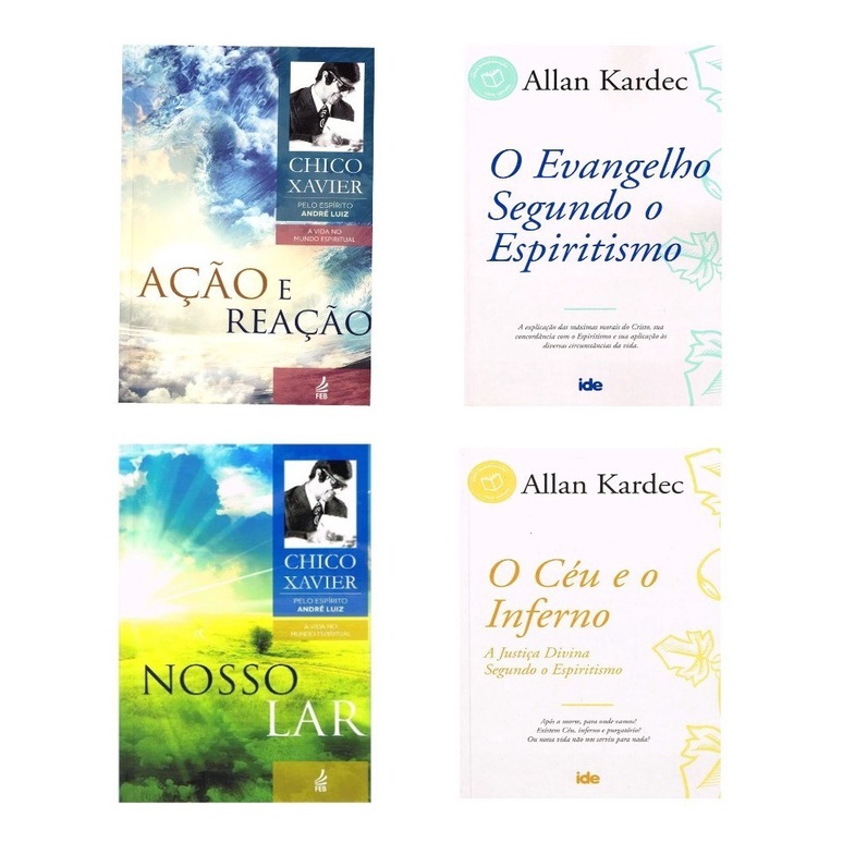 kiT com 04 Livros : 01x Ação e Reação  01x Evangelho segundo o espiritismo 01x Nosso Lar  01x O Céu e o Inferno