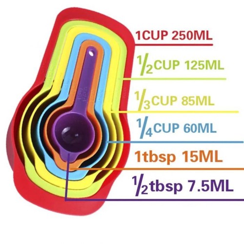 Conjunto Kit Colher Colheres Xicaras De Medida 6 Peças medidoras coloridas para medida bolo cozinha
