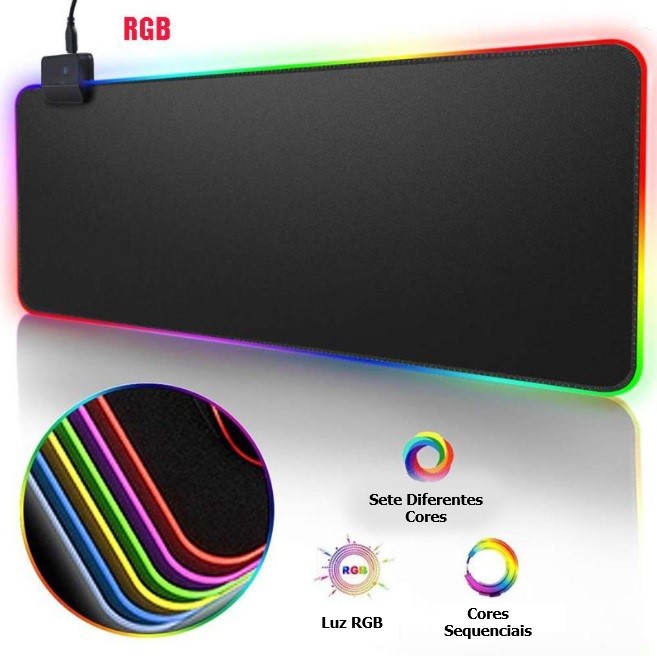Mouse Pad Gamer RGB Grande Com Led Extragrande Emborrachado Preto 13