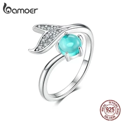 Anel De Sereia Bamoer 925 Prata Esterlina Azul Oceano Pedra Cauda Anéis Para Mulheres