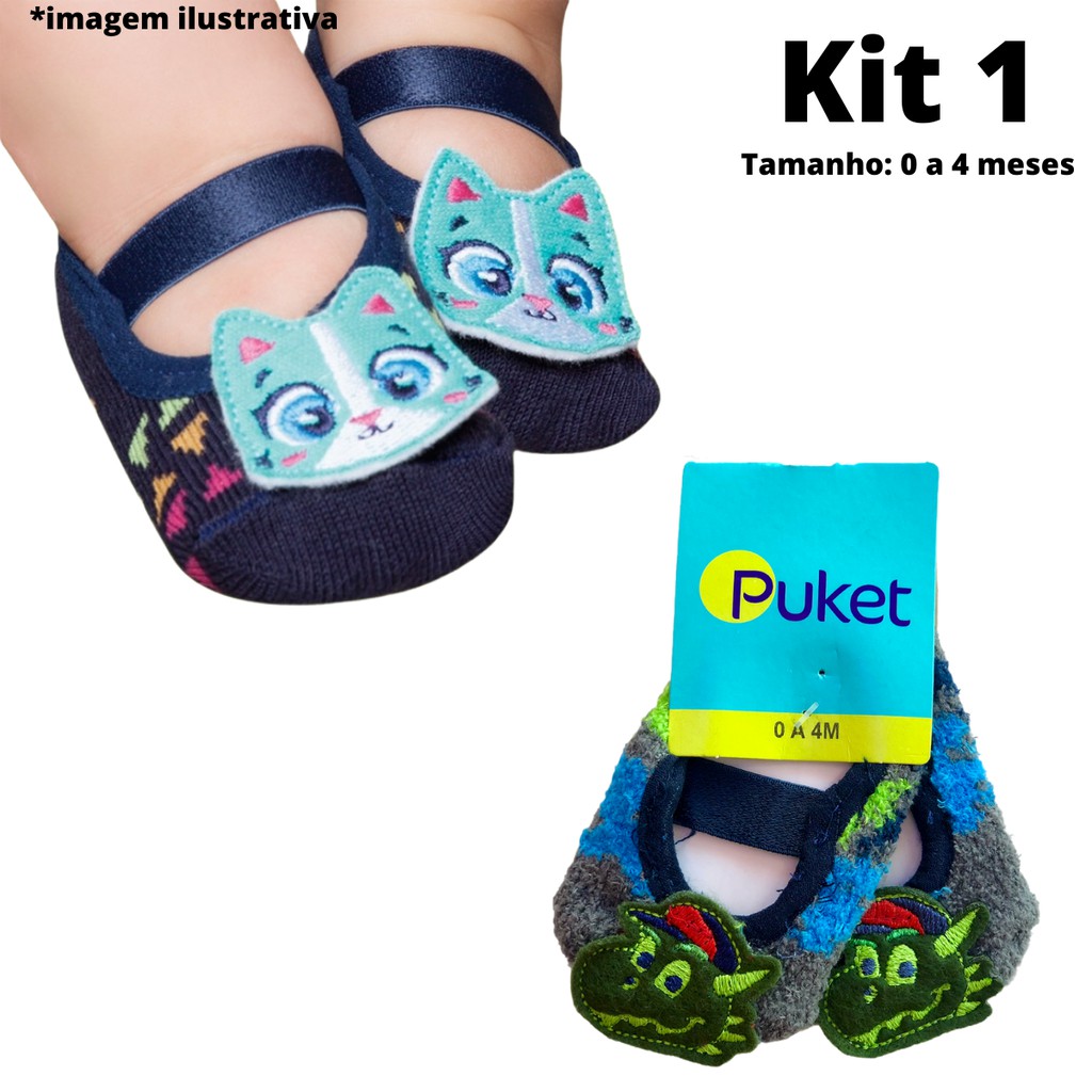 Kit Meia Sapatilha 0 a 4 meses/5 a 8 meses Puket Menino - com 2 ou 3 pares