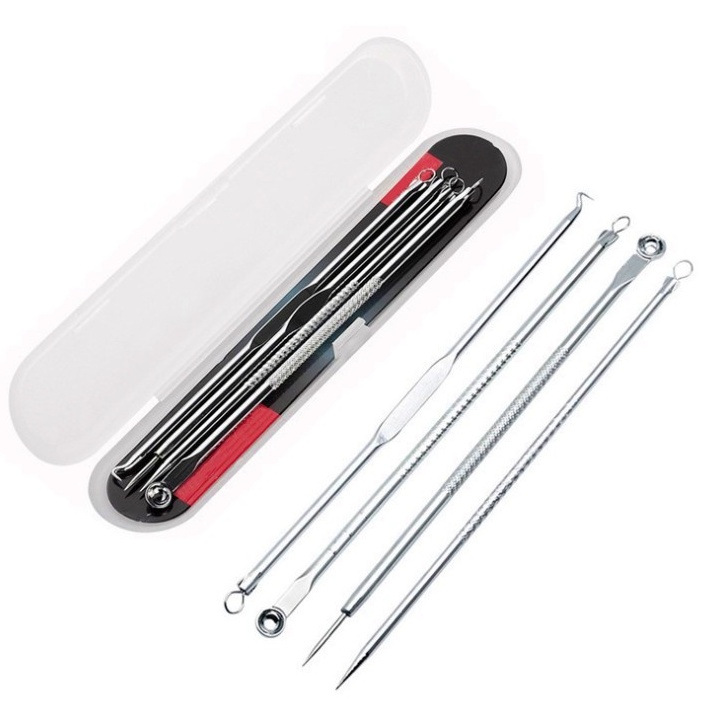Kit Acne Espinha Extrator De Cravos Profissional Removedor 4 Pçs de Ponta Dupla com Pinça/Extrator/Agulha para Salão