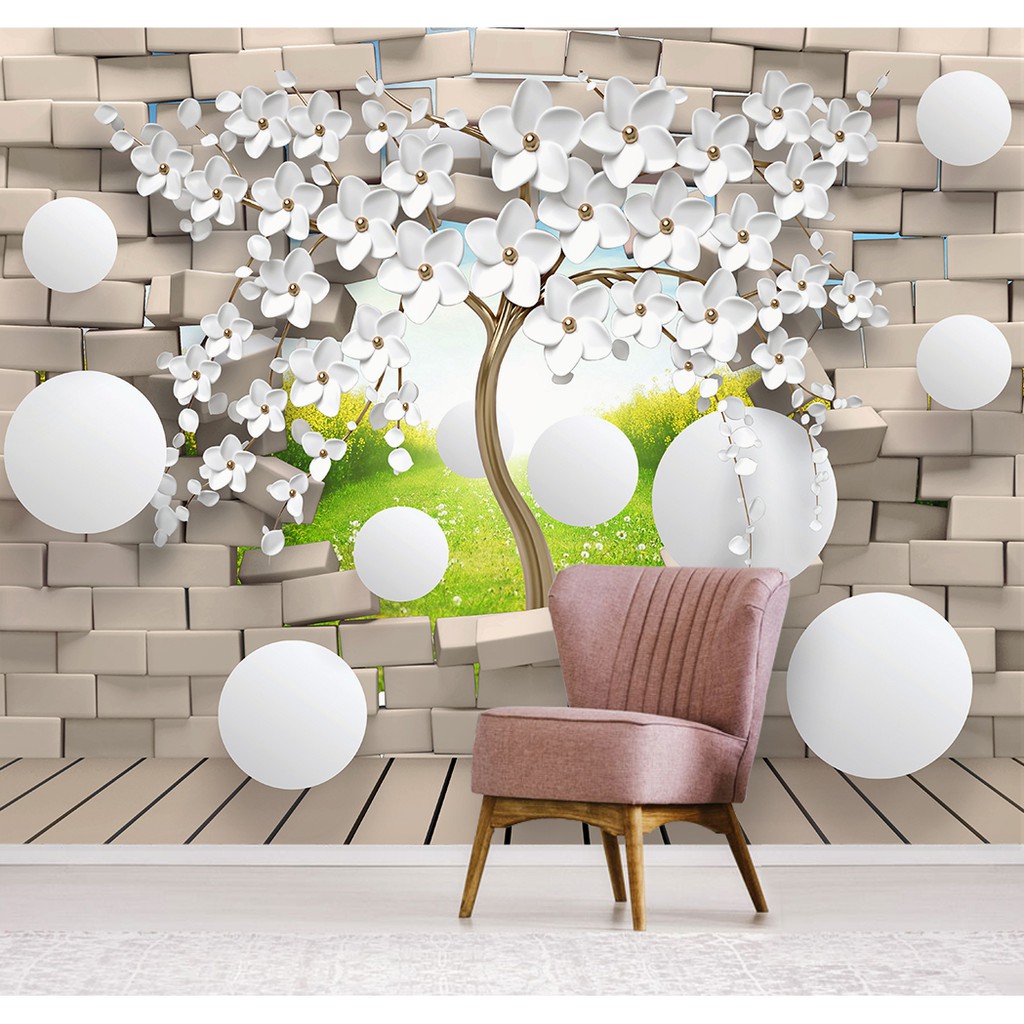 Papel de Parede 3D Adesivo Autocolante Tijolos Árvore Bolas Design Quarto e Sala Lançamento