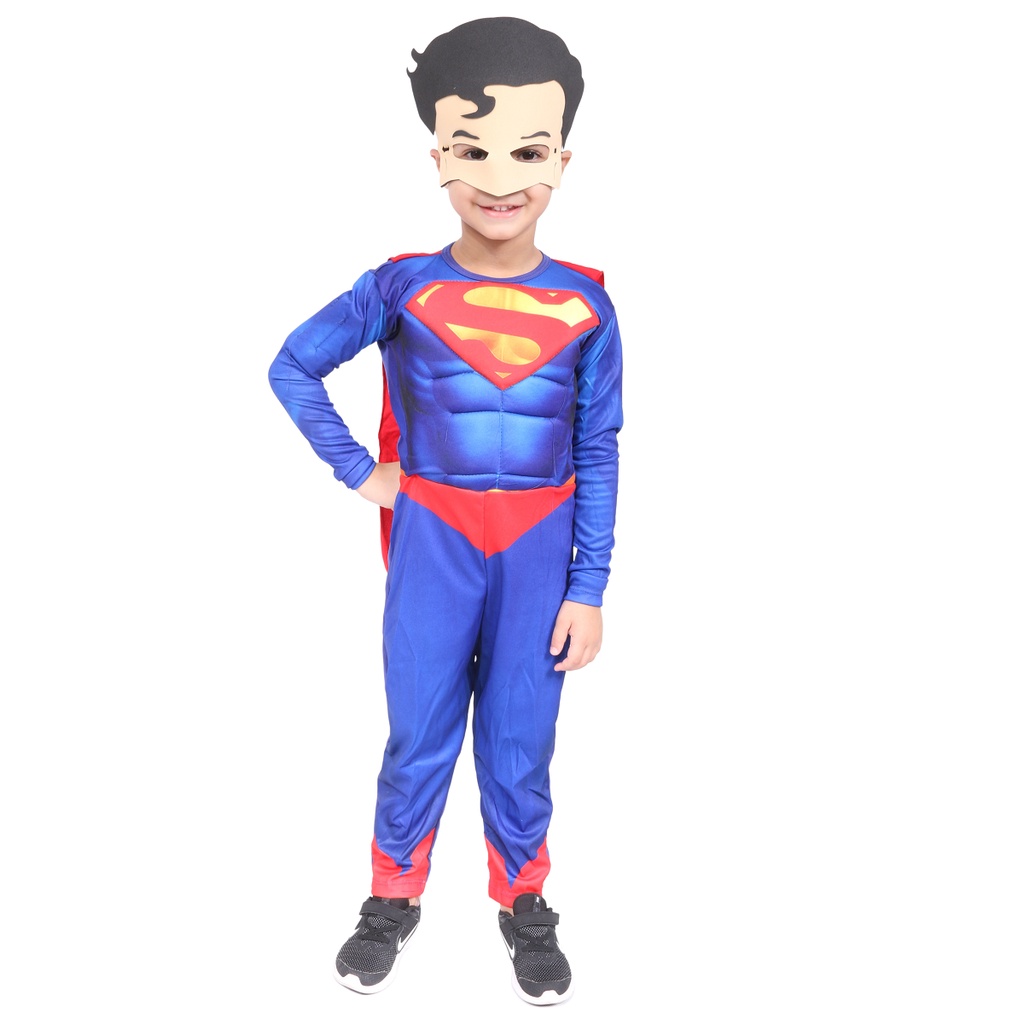 Fantasia Longa Músculo Enchimento Super Man + Máscara Eva Super Homem - Infantil Herói Dc Comics