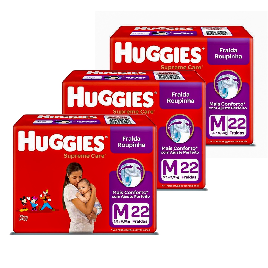 Kit 3 Pacotes Fraldas Huggies Roupinha Supreme Care M 22 Un - Total 66 ...