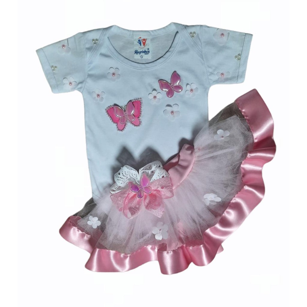 Kit Conjunto Bebê Menina Roupa Mesversário Jardim Encantado Borboletas Saia + Body + Laço