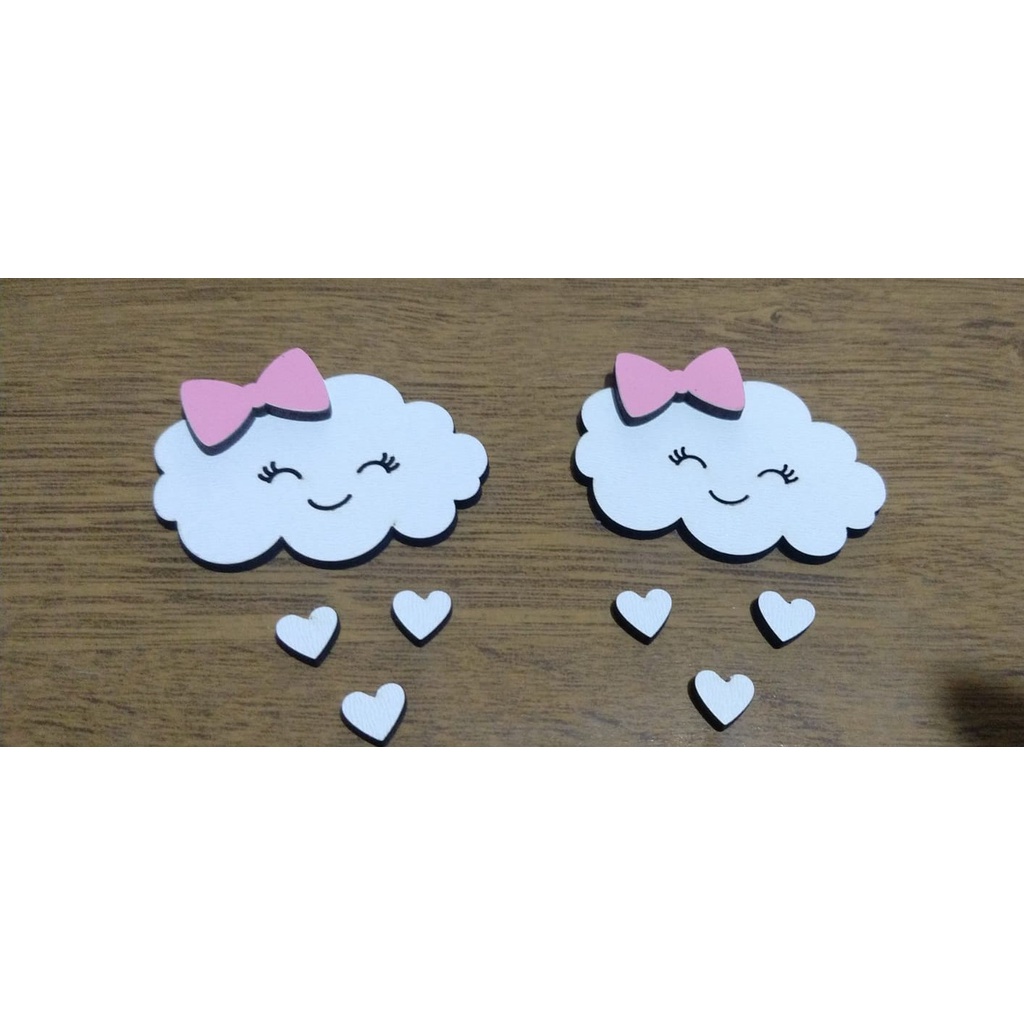 Kit com 10 Nuvens Brancas Laço Rosa MDF