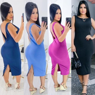 Vestido Midi Em Malha Canelada Decote nas costas em V Moda Blogueira , Tendência , Promoção,Varias Cores.