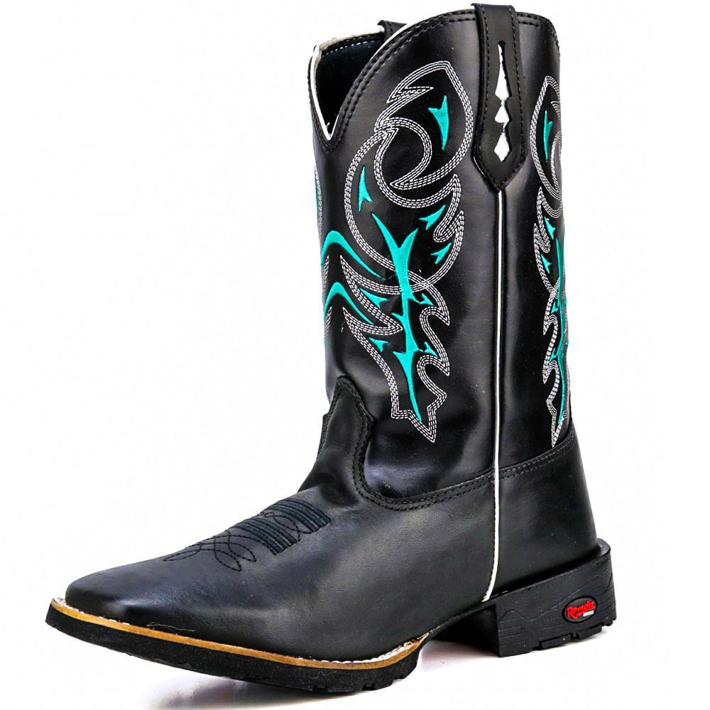 Bota Texana Bico Quadrado Country Bordado  Delegada Em Couro